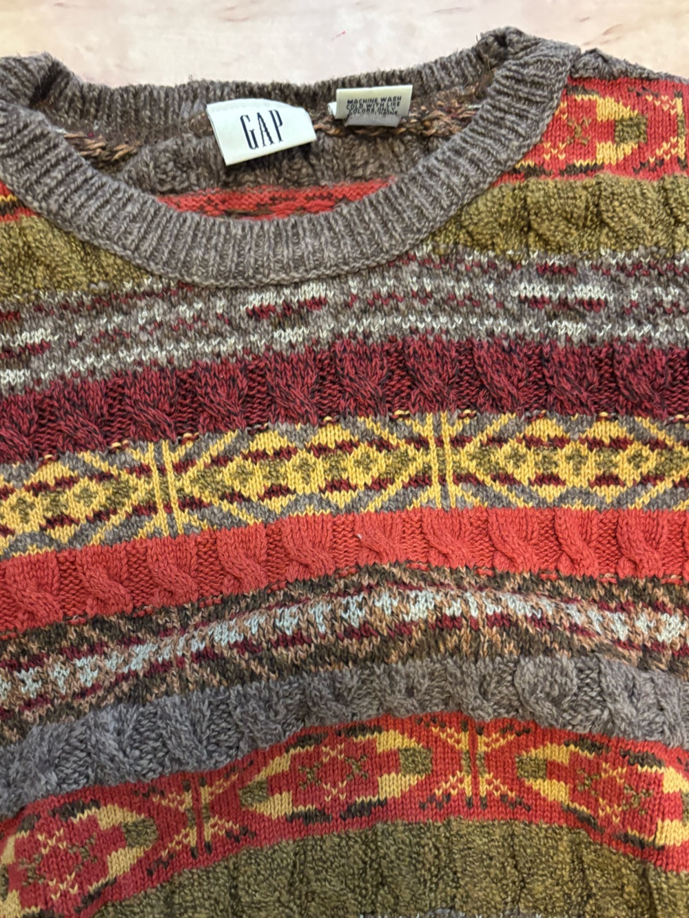 Vintage Gap Nordic Fair Isle Sweater Cotton Crewneck Cropped Y2K brown fall red - Picture 2 of 4